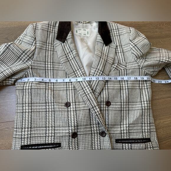 Vintage Choise Tweed Double Breasted Blazer Faux Suede Trim Wood Buttons Size 8 - Picture 8 of 13